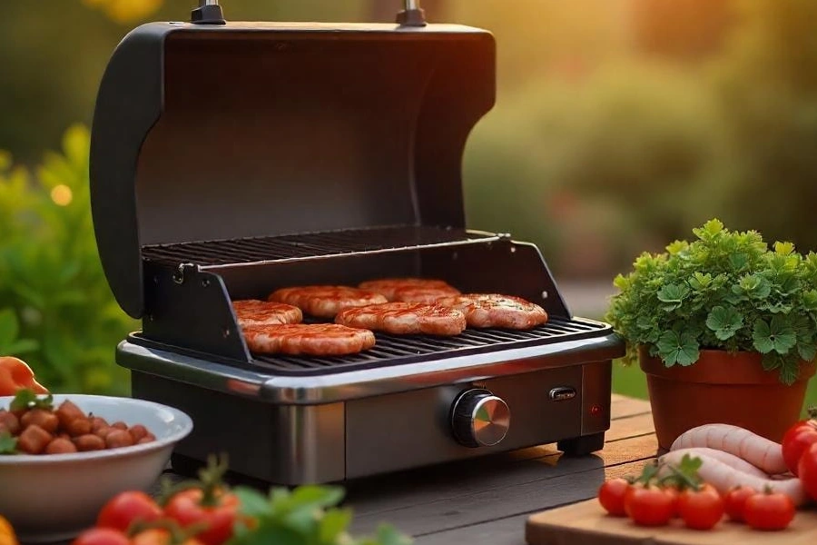 A shiny electric grill surrounded by meat and vegetables