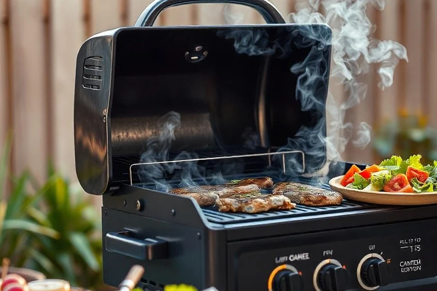 An electric grill outdoors on a patio