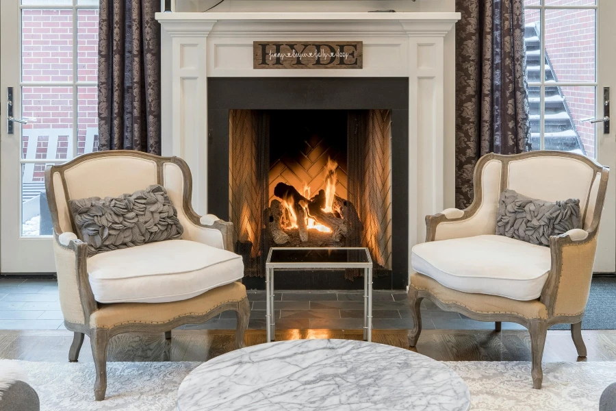 gas log set behind two chairs