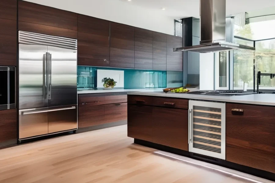 modern kitchen with bottles of wines in a cooler